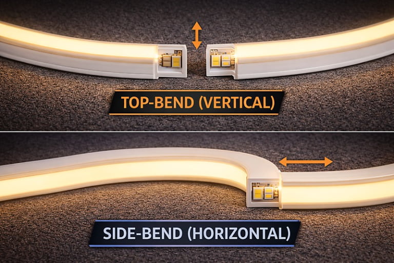 Technical diagram showing the difference between Top-Bend (Vertical) and Side-Bend (Horizontal) LED Neon profiles