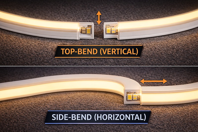 Technical diagram showing the difference between Top-Bend (Vertical) and Side-Bend (Horizontal) LED Neon profiles.