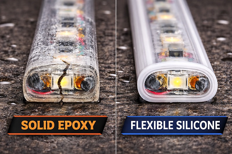 Cross-section comparison of a solid epoxy strip (cracked) versus a flexible hollow silicone tube (intact).