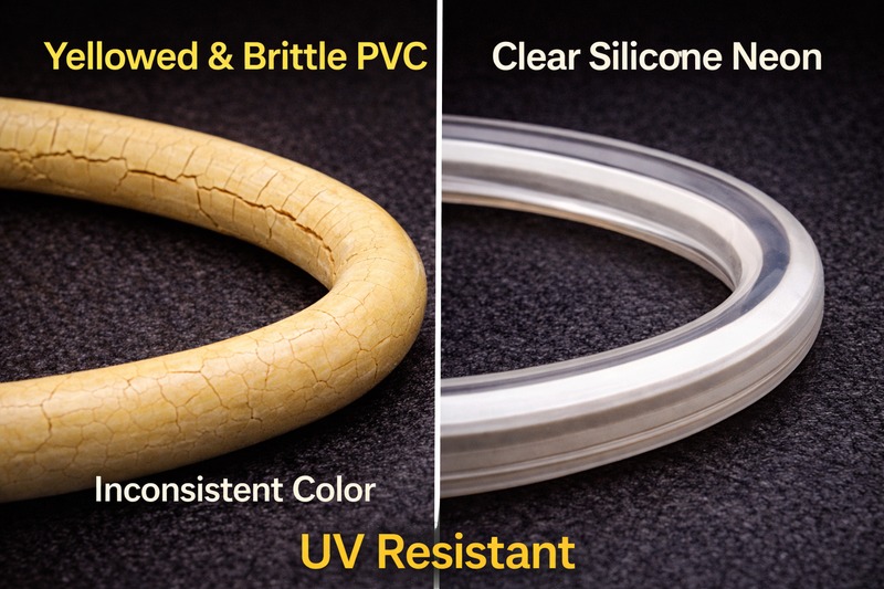Image of a yellowed, cracked PVC tube next to a flexible, clear silicone neon tube, demonstrating UV resistance.