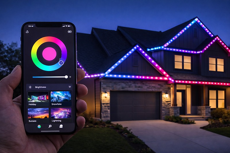 Smartphone screen interface showing color wheel and scene selection next to a house exterior changing colors.