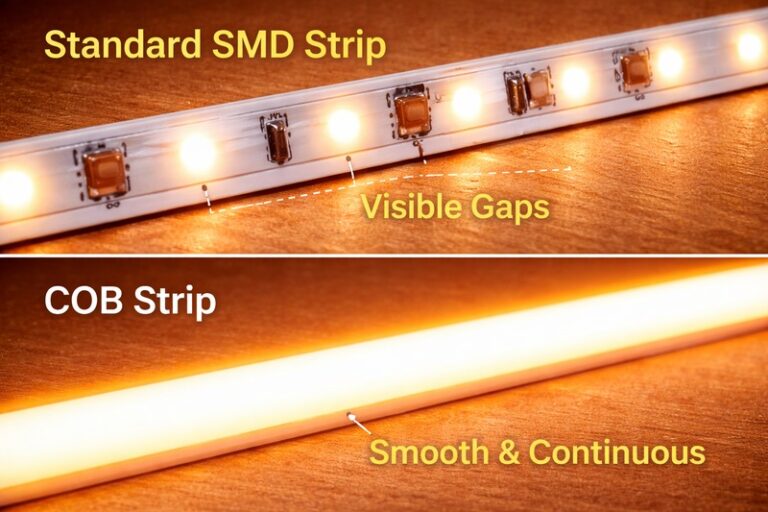 Close-up macro shot: A standard SMD strip showing visible black gaps between lights versus a COB strip showing a continuous, smooth line of light