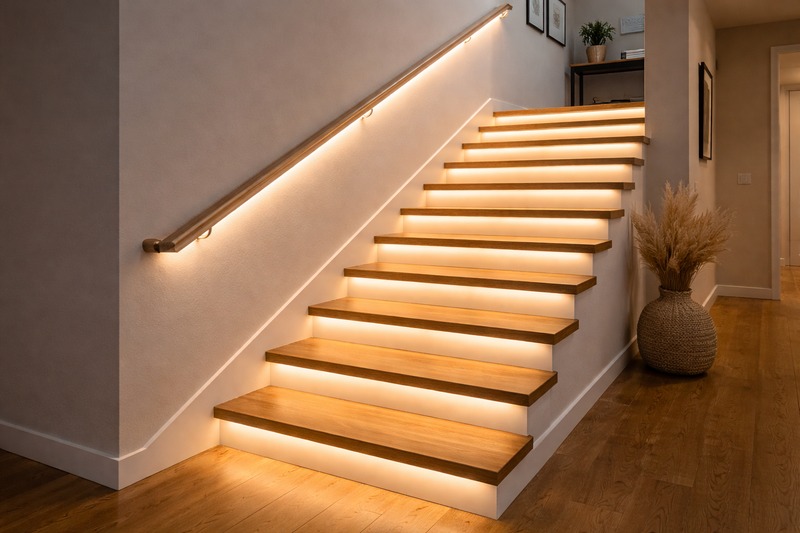 A staircase with LED lights embedded in the wall handrail and underneath the lip of each wooden step.