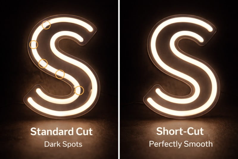 Comparison of a neon letter 'S'. One looks choppy with dark spots (Standard cut). The other is perfectly smooth (Short-Cut).