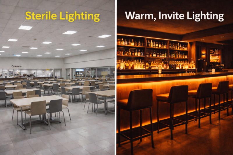 A split-screen image: Left side shows a brightly lit, sterile cafeteria-style restaurant. Right side shows a warm, invite bar area with under-counter glowing lights and sleek cove lighting.