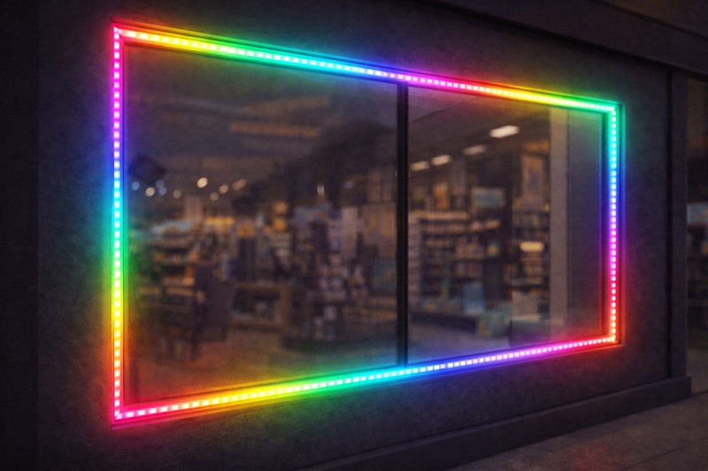 A GIF-style representation of a storefront border light 'chasing' around the window frame in a smooth color loop.