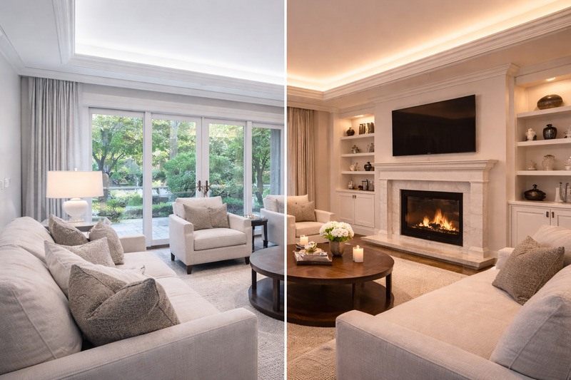 A split image of a living room: Left side shows bright cool white for daytime; Right side shows cozy warm white for evening.