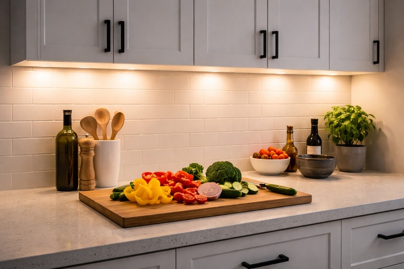 A modern kitchen counter with warm white LED lights glowing from under the white cabinets, illuminating colorful vegetables on a cutting board.