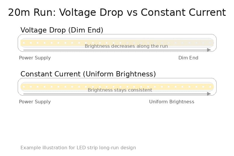 Diagram showing a long 20m run. One with Voltage Drop (dim end), one with Constant Current (uniform brightness).