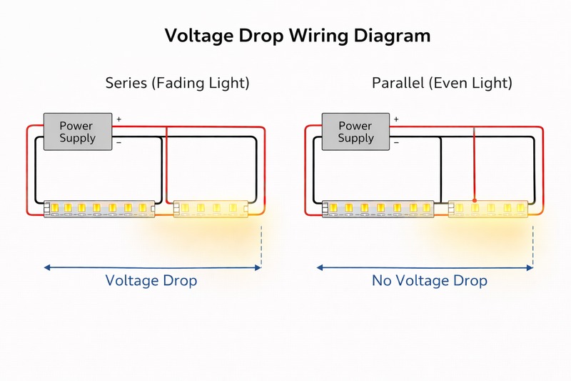 A wiring diagram comparison showing the difference between a 'Series' connection (fading light) and a 'Parallel' connection (even light).