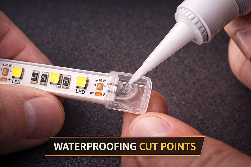 Close up of a technician applying clear silicone sealant into an end-cap before sliding it onto the LED strip.