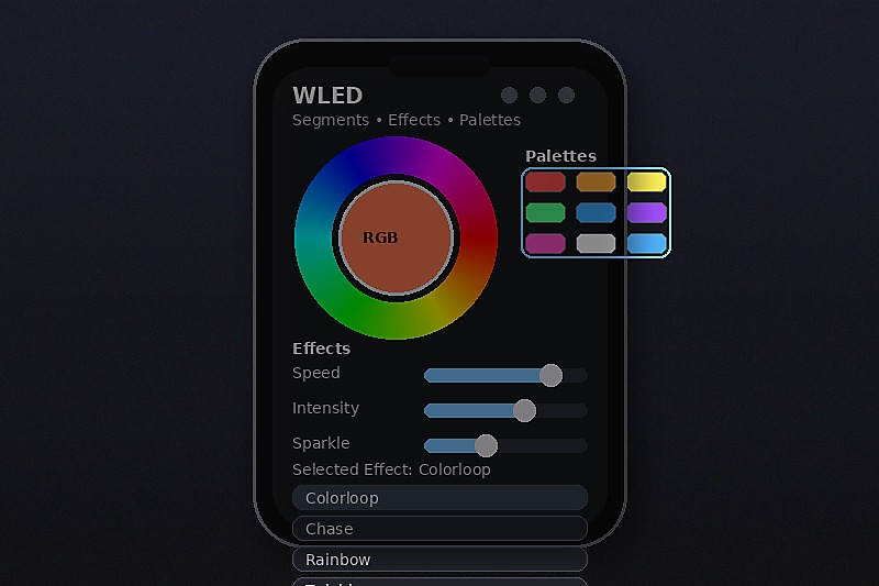 Screenshot of the WLED interface on a phone showing intricate color palettes and effect sliders.