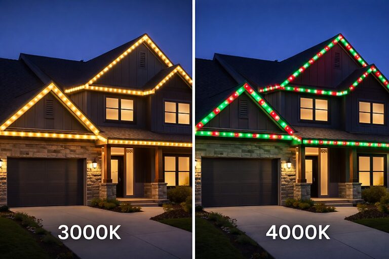 Modern suburban home exterior at twilight, showing the roofline lit in a classy warm white, with a split screen showing the same house lit in festive red and green