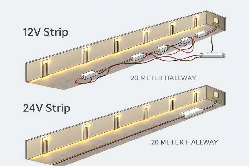 Diagram showing a 20-meter hallway. Top: 12V strip with multiple messy drivers. Bottom: 24V strip with one clean driver.