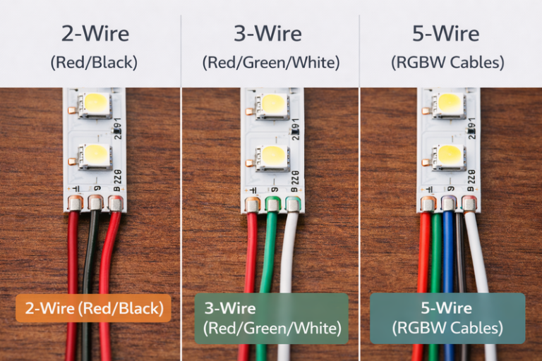Image of three different LED strip ends side-by-side: 2-wire (Red/Black), 3-wire (Red/Green/White), and 5-wire (RGBW cables), clearly labeled