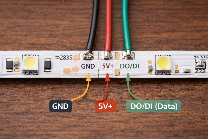 Close up of a 3-wire strip clearly labeling GND, 5V+, and DO/DI (Data).