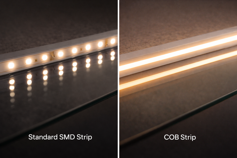 Close-up comparison: Standard SMD strip reflecting dots on glass vs COB strip showing a smooth continuous line of light.
