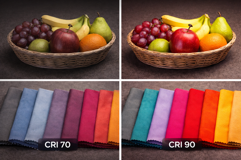 Comparison image: Fruit basket or fabric swatches under CRI 70 (dull) vs CRI 90 (vibrant).