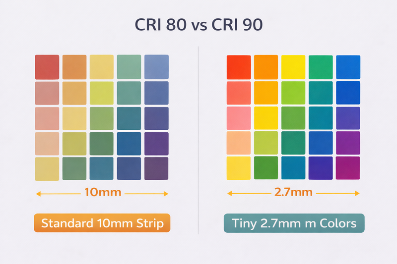 Color chart showing the difference between CRI 80 (muted) and CRI 90 (vibrant).