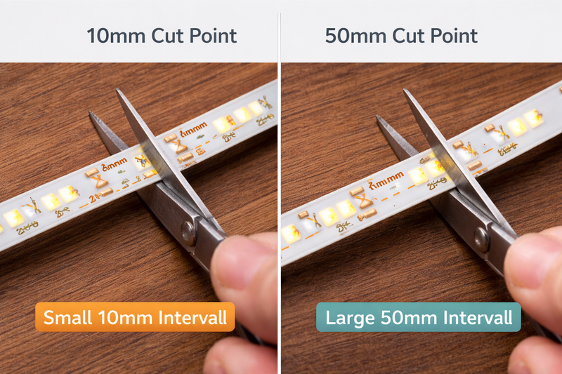Photo showing a strip being cut at a tiny 10mm interval vs a large 50mm interval.