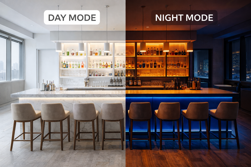 Image of a hotel bar. Split view: Day mode (bright white) vs Night mode (moody amber/blue flow).