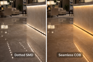 Split image: Left side shows a hotel lobby with "dotted" LED reflection on marble. Right side shows a seamless, warm glow from COB lighting