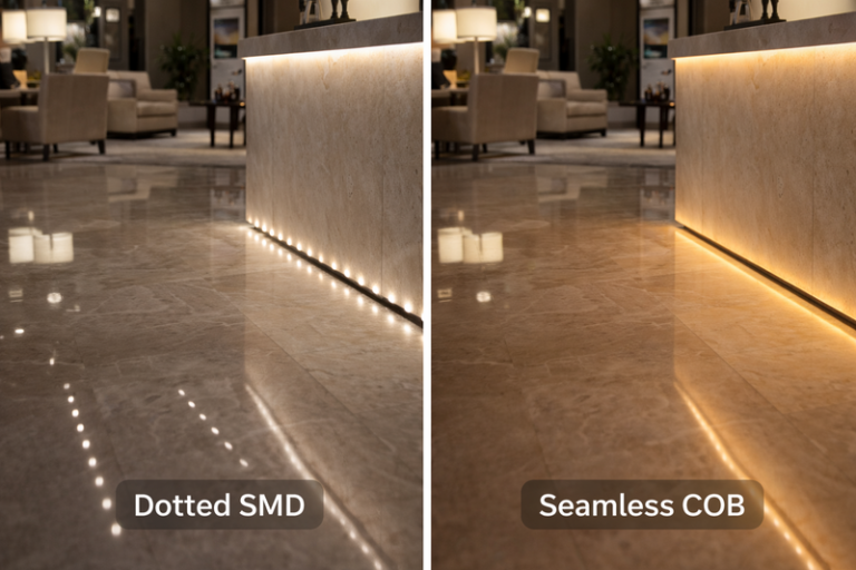 Split image: Left side shows a hotel lobby with "dotted" LED reflection on marble. Right side shows a seamless, warm glow from COB lighting