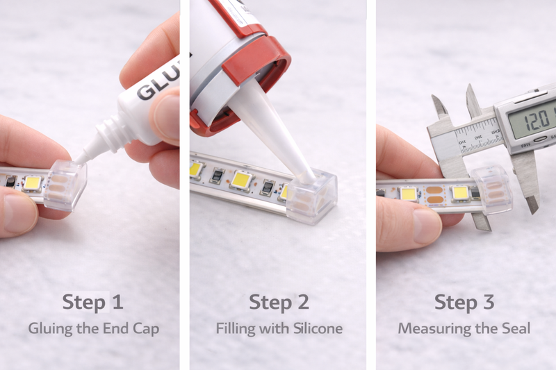 Photo series: Step 1: Gluing the end cap. Step 2: Filling with silicone. Step 3: Measuring the seal.