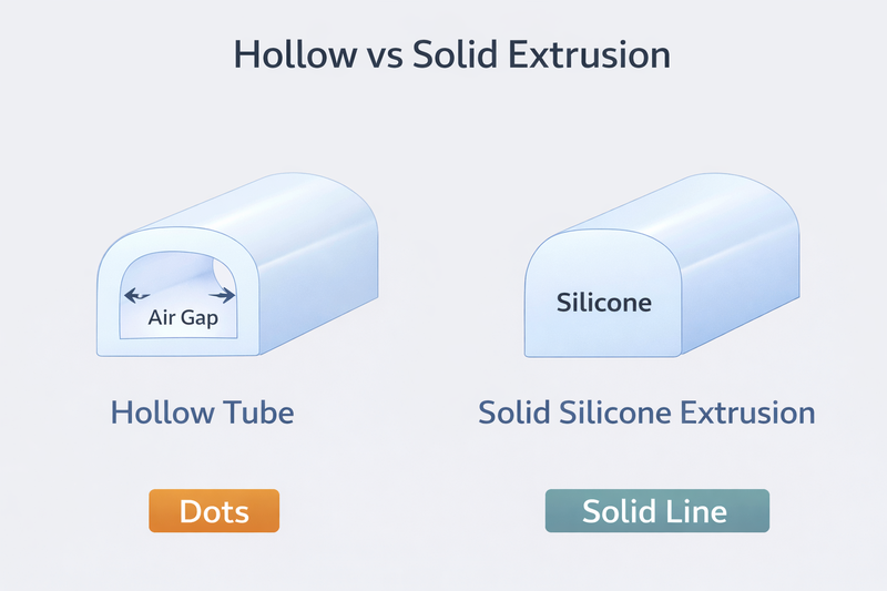Diagram showing cross section of Hollow Tube (air gap) vs Solid Silicone Extrusion (no gaps).