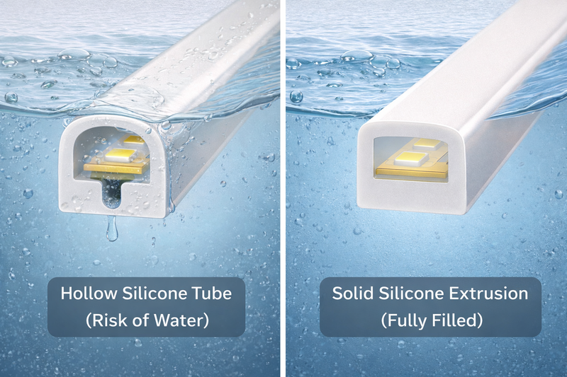 Cross-section comparison: Hollow silicone tube (risk of water) vs Solid Silicone Extrusion (fully filled).