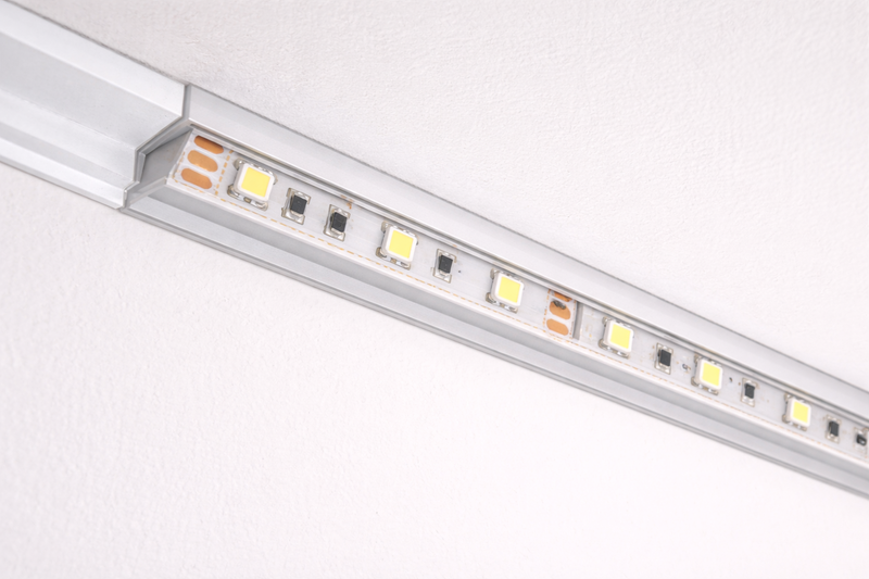 Image of a clean, dry indoor aluminum channel installation with a bare chip IP20 strip visible.