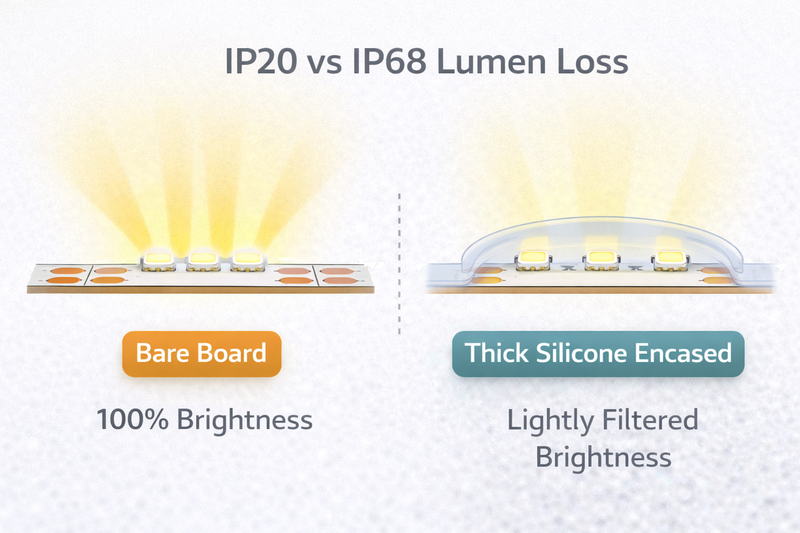 Cross section of a strip. Left: Bare board (100% brightness). Right: Thick silicone encased (lightly filtered brightness).