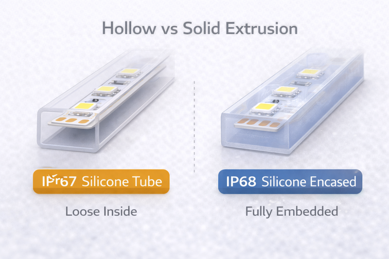 Cross-section diagram: IP67 showing a rectangular silicone tube with the LED strip loose inside vs IP68 showing a solid block of silicone with the strip embedded.