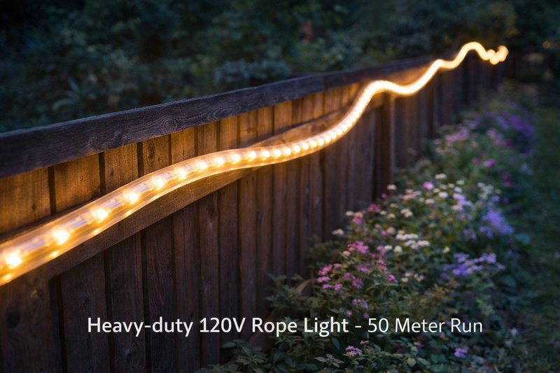 Photo: A thick, heavy-duty 120V rope light running along a garden fence for 50 meters.