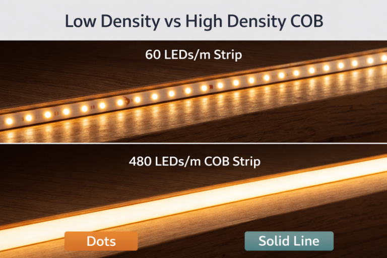 Comparison Image: 60 LEDs/m strip showing dots vs 480 LEDs/m COB strip showing a solid line.