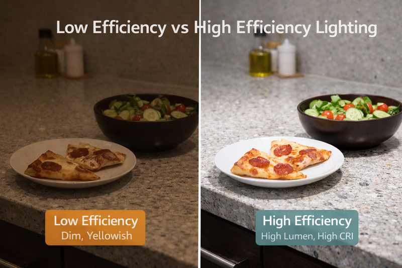 Image comparison: A side-by-side photo of a kitchen counter. Left: Dim, yellowish lighting making food look stale. Right: High lumen, high CRI lighting making the food look fresh and the stone countertop sparkle.