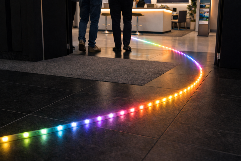 Image of a booth floor with a running 'chasing' light effect guiding people inside.