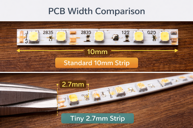 Macro shot comparison: Standard 10mm strip vs a tiny 2.7mm strip.