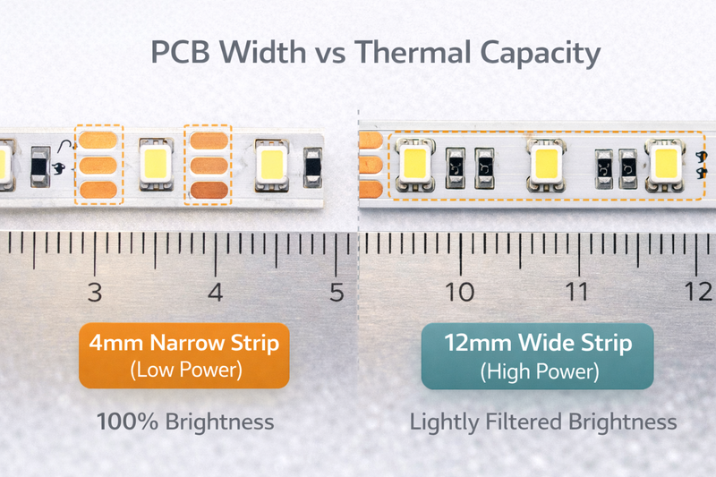 Close up image: A narrow 4mm strip (low power) vs a wide 12mm strip (high power) showing the difference in copper surface area.