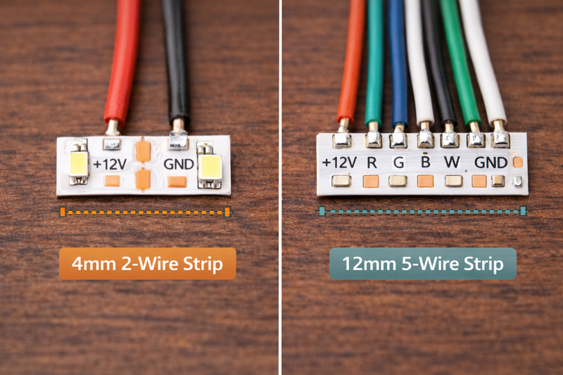 Macro shot of PCB widths: A 4mm 2-wire strip next to a 12mm 5-wire strip.