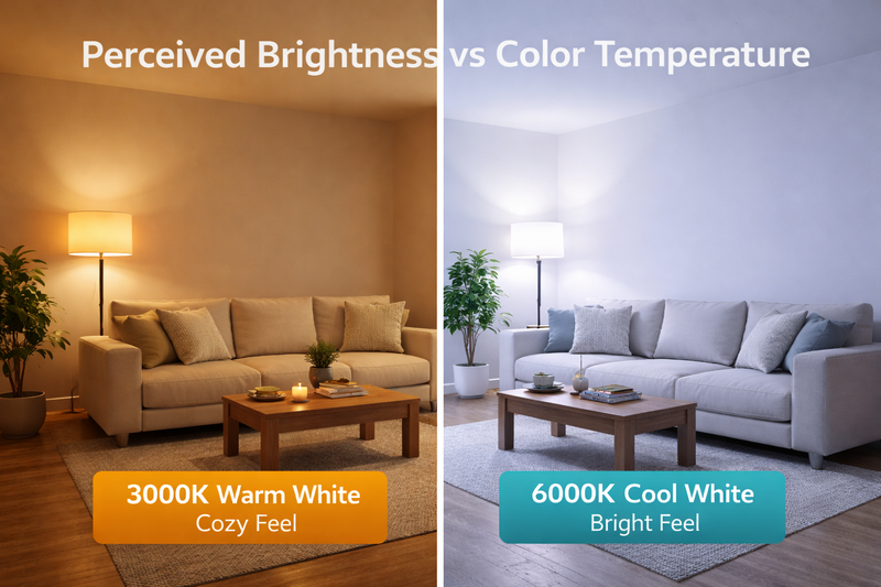 Split room image: Left side lit with 3000K (cozy but dimmer feel), Right side lit with 6000K (clinical and bright feel).