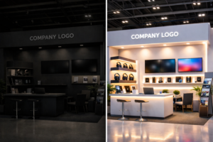 A split image: Left side shows a dark, shadowy booth with standard lighting. Right side shows a bright, vibrant booth with COB LED accents highlighting products.