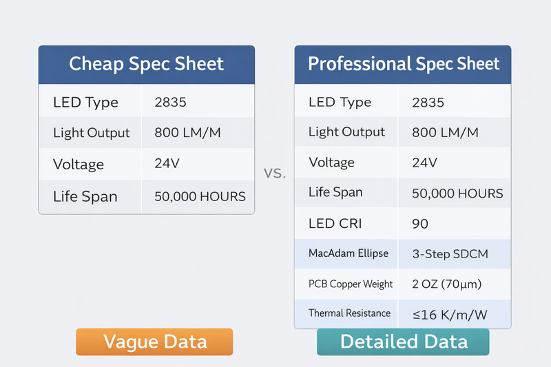 Comparison image: A side-by-side of a cheap spec sheet (vague data) vs a professional spec sheet (detailed data like SDCM, Thermal Resistance, PCB Copper weight).