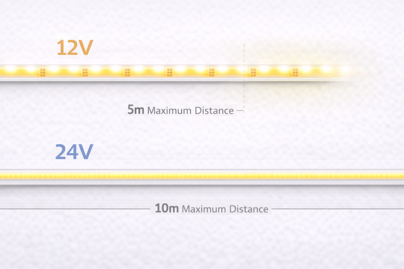 Diagram: Top strip is 12V showing fading light after 5m. Bottom strip is 24V showing consistent brightness for 10m.