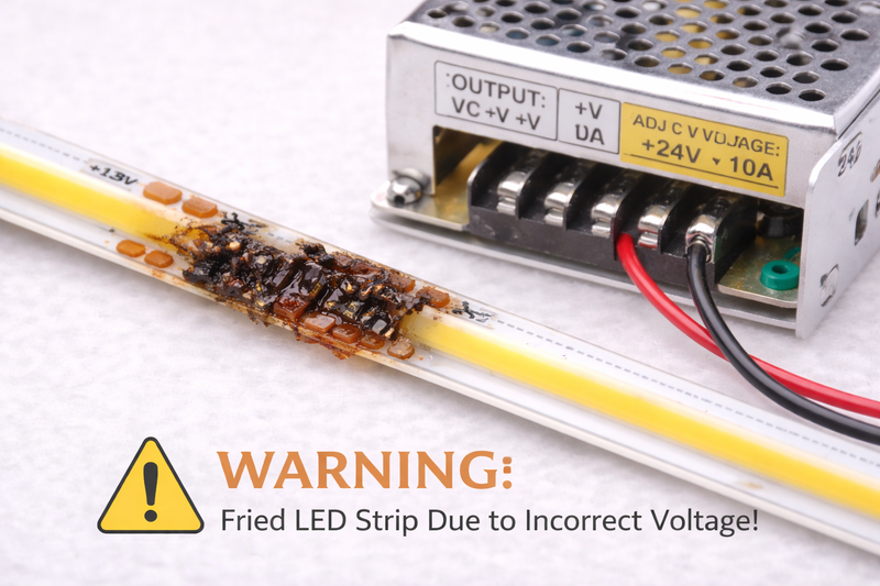 Warning Update: An image of a fried LED strip with burn marks next to a 24V power supply.