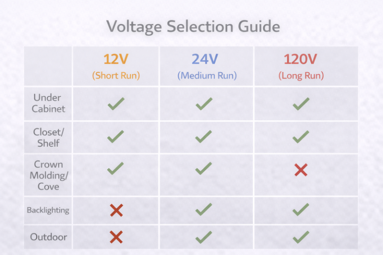 Comparison Chart: Three columns labeled 12V (Short Run), 24V (Medium Run), and 120V (Long Run) with checkmarks and red X's for different applications