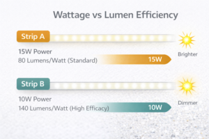 Chart showing two strips. Strip A: 15W Power, 80 Lumens/Watt (Standard). Strip B: 10W Power, 140 Lumens/Watt (High Efficacy). Strip B is brighter despite using less power