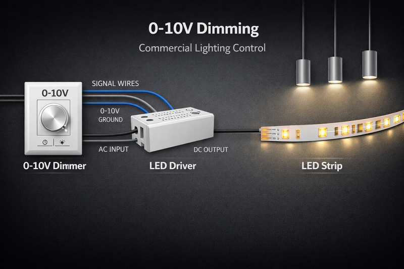 0-10V dimming placeholder showing signal wires, dimmer, LED driver, and strip layout for a commercial lighting zone
