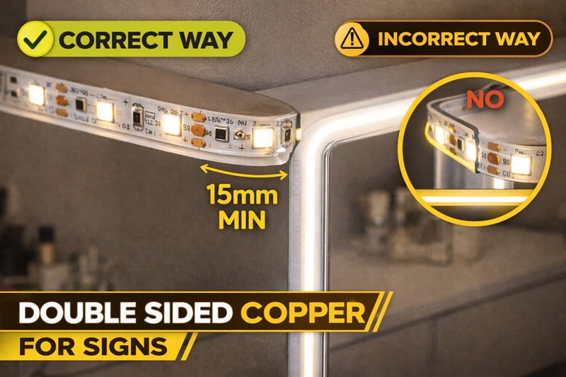 correct safe bending of led strip around mirror corner