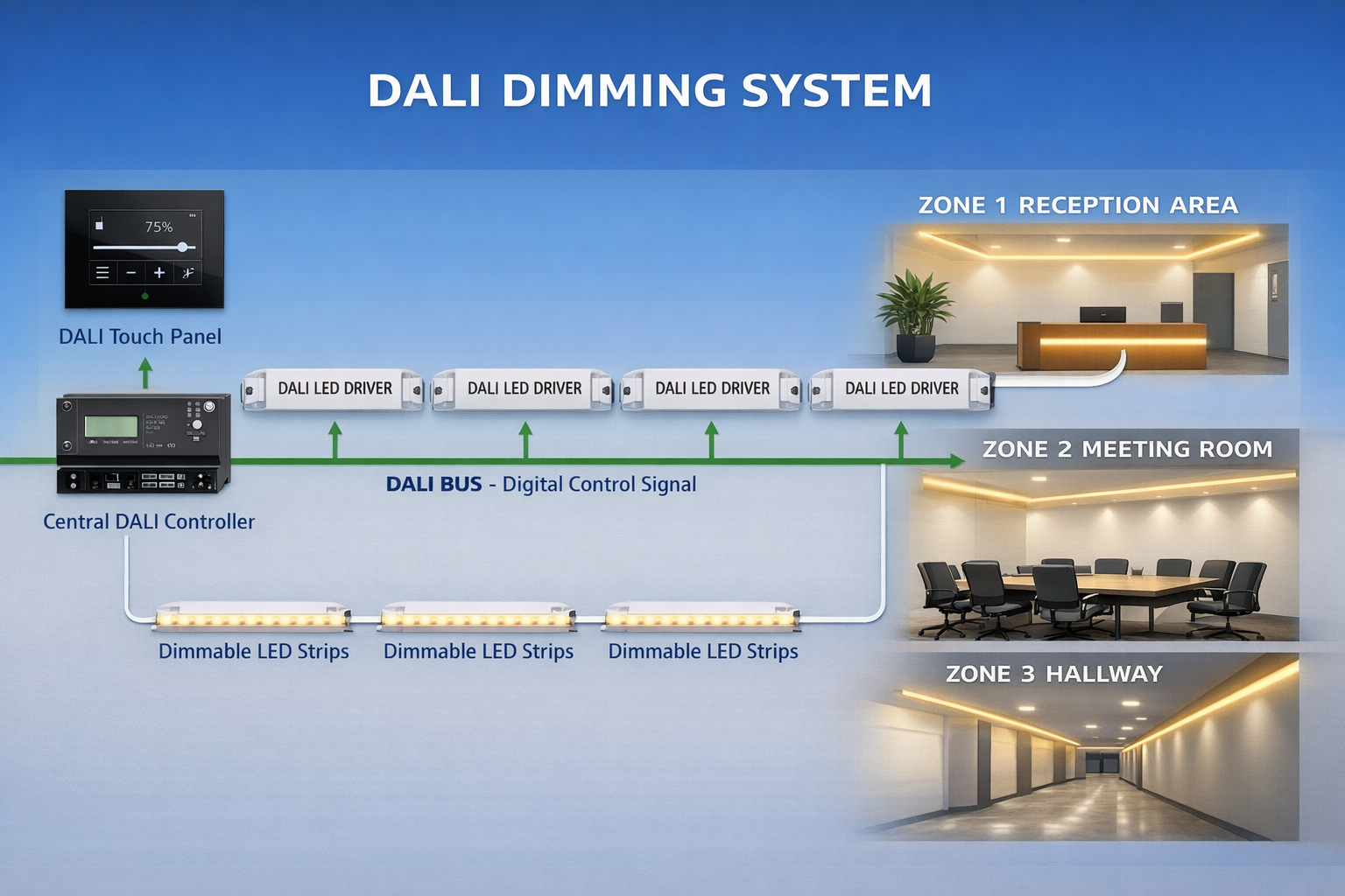 DALI dimming placeholder showing a digital lighting control bus, multiple drivers, and zoned LED strip control in a commercial installation